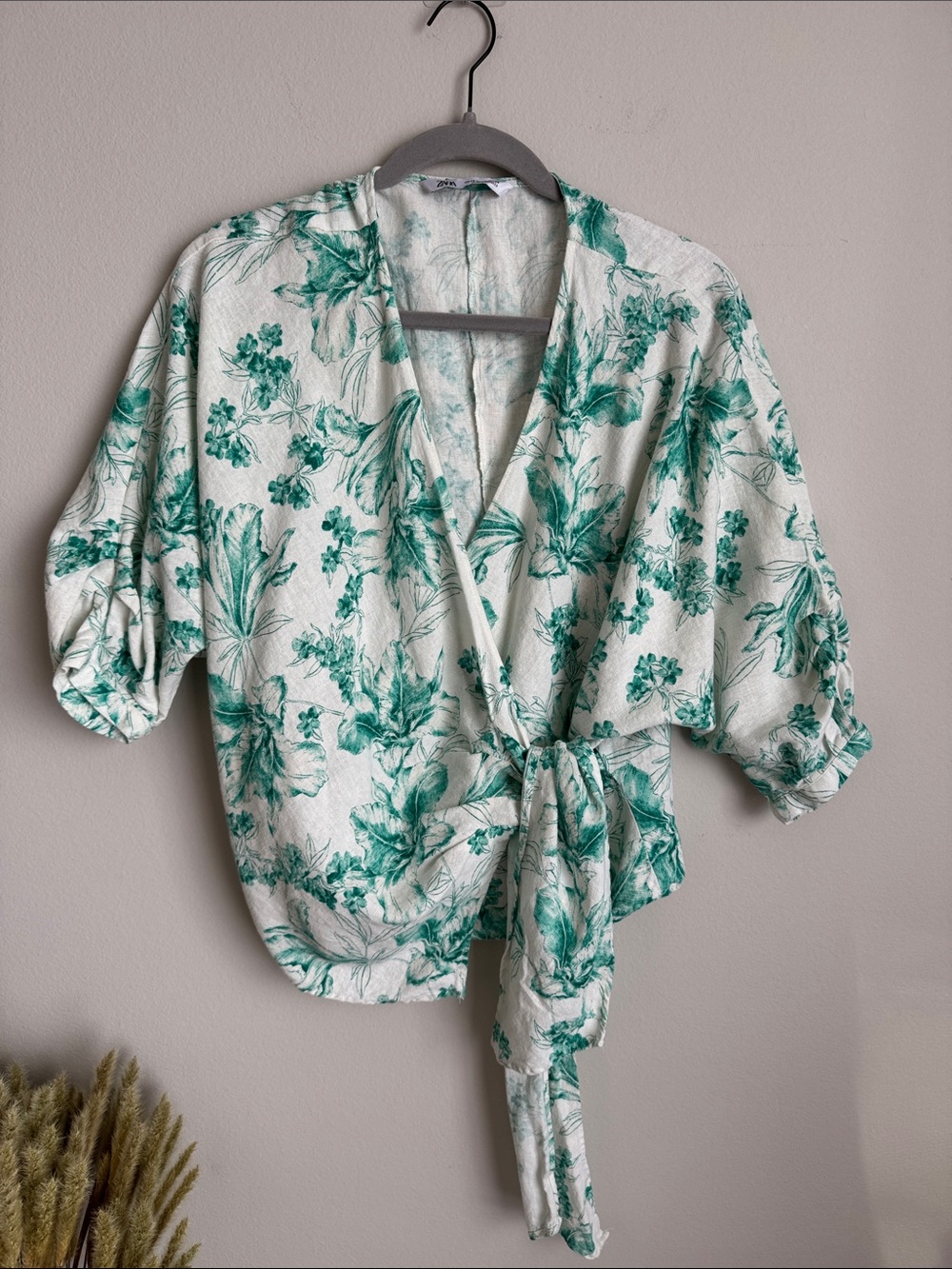 Zara Botanical Wrap Blouse XS Oversized Green Floral Linen Blend Top Cottagecore - Picture 4 of 11